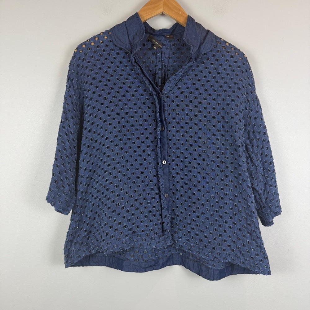 WALTER VOULAZ Italian Linen Shirt Woman 40 Small Blue Eyelet Button‎ Classic